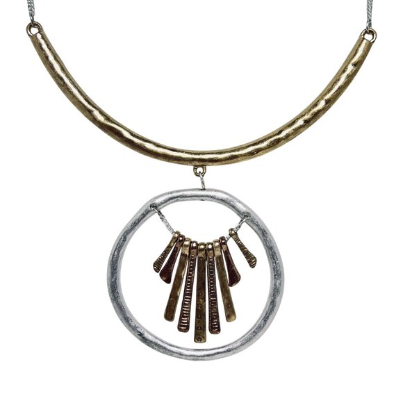 Bohemian Silver Tone And Gold Tone Hammered Statement Necklace (5704) - Picture 2 of 5